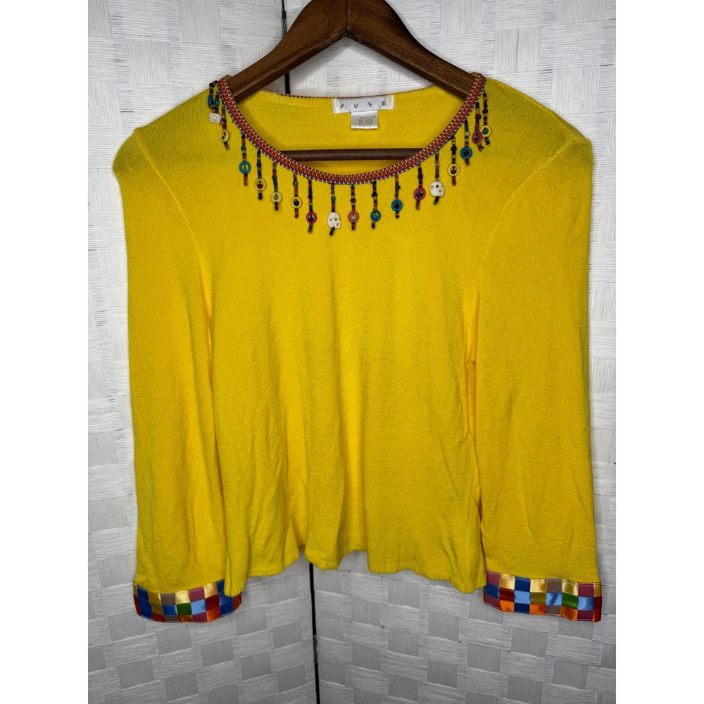 Boho Whimsy Fuse Yellow Knit Top Long Sleeve Beaded Neckline Checkered Cuffs M